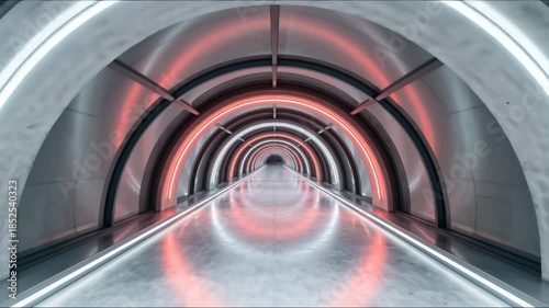 Hyperloop Transportation Tunnel. Smooth, flowing architectural background of a long, empty tunnel with integrated thin lines of bright red and white light guiding the way. Wide angle, futuristic veloc