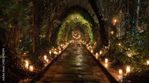Tunnel of trees lined with candles evening path through nature atmospheric scene