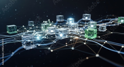Abstract Network of Glowing Cubes and Connections.