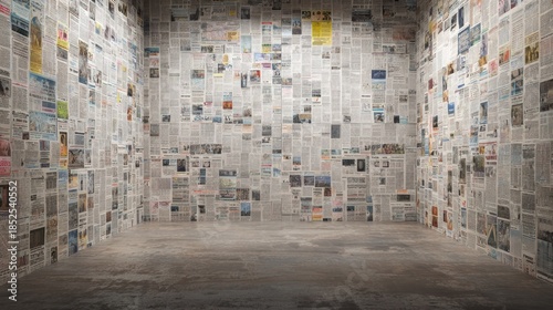 Room interior covered in newspapers displaying news and information content