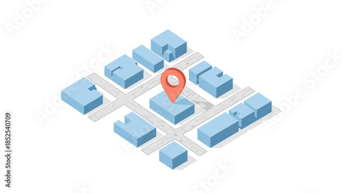 Modern city block with location marker on map