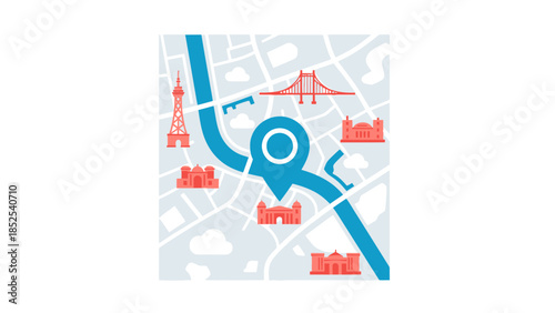 Stylish map illustration with landmarks and navigation elements