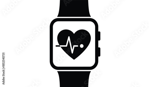 A sleek black smartwatch displays a heart rate monitoring icon showing a heart with an electrocardiogram waveform inside high quality professional