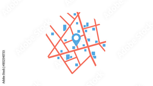 City map with location pin on urban streets and buildings