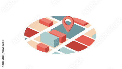 Colorful map graphic with location pin on city blocks