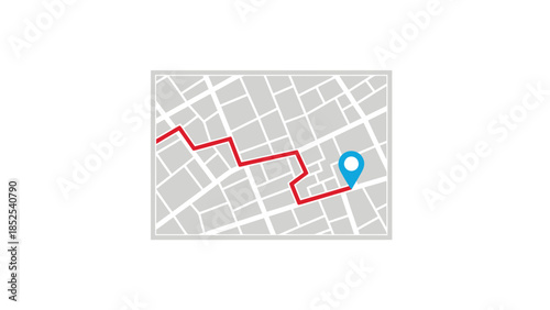 Route map with red path and blue location pin on gray streets