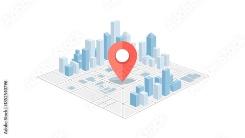 City map with red location pin on modern urban landscape