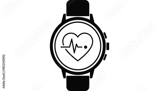 A sleek black smartwatch displaying a heart rate monitoring icon on its circular screen representing health and fitness tracking technology