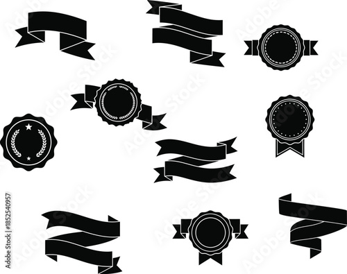 Set of black silhouettes isolated on transparent background featuring various ribbons and seals in decorative shapes and designs for labels and icons