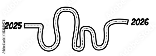 A winding roadmap with a timeline from 2025 to 2026 with concepts of planning, process, growth, achievement, and journey to the destination. The new year 2026, success, the past and the future.