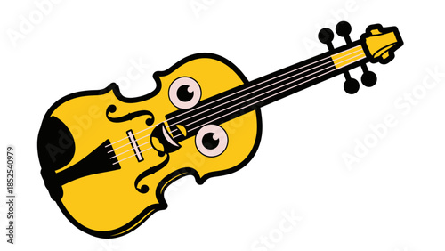 Cheerful cartoon violin character with big eyes and a wide smile, ready to play a happy tune.
