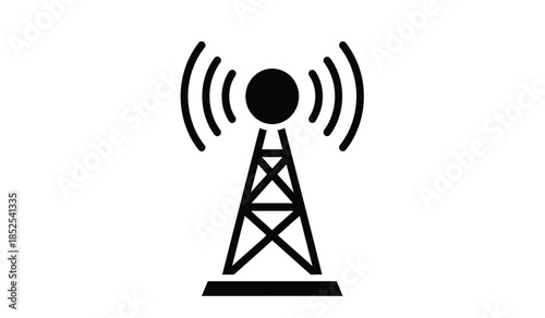 A simple black and white illustration depicts a radio transmission tower emitting waves symbolizing communication and broadcasting technologies high quality professional