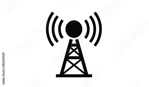 A simple black and white illustration depicts a radio transmission tower featuring a circular antenna with radiating waves and a lattice support structure
