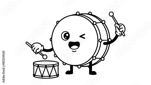 Happy cartoon drum character playing music with drumsticks and a smaller drum