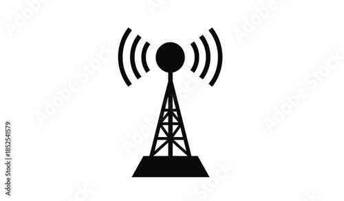 A simple black and white illustration depicts a radio transmission tower showcasing its antenna and supporting structure clearly high quality professional