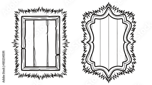 Vintage wooden frames with orange furry border illustrations