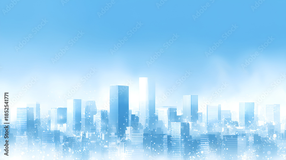 Fototapeta premium 雪が舞う冬の都市シルエットと青空の背景