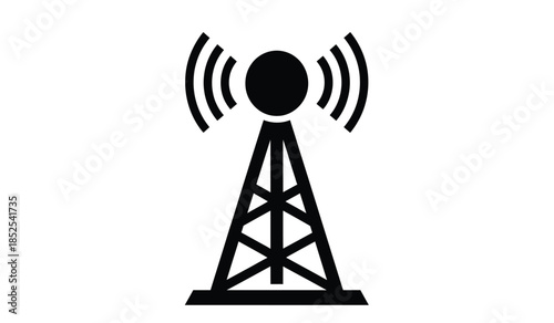 A simple black and white illustration depicts a cellular tower with radiating waves signaling connectivity and wireless communication infrastructure high quality