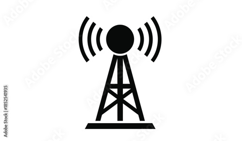 A simple black and white illustration depicts a radio tower with radiating waves suggesting communication and broadcasting technology high quality professional