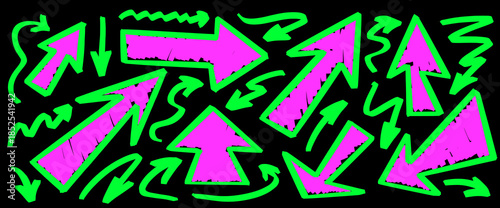 Freehand arrow graphics mixing marker roughness and smooth highlight pops. Every arrow stands out with strong line direction and subtle highlight across the line.