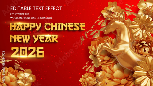 Happy chinese new year 2026 golden luxury editable vector text effect
