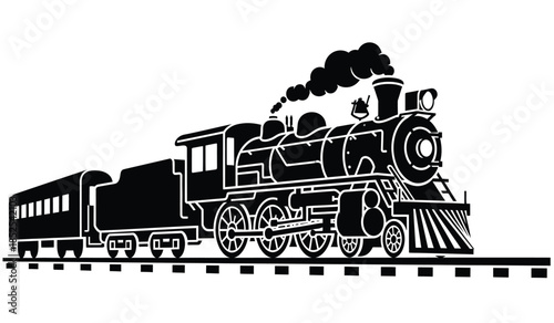 a striking black and white illustration depicts a classic steam locomotive with billowing smoke traveling along a railroad track showcasing vintage transport