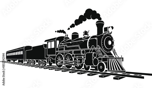 A detailed black and white illustration depicts a classic steam locomotive pulling a passenger car on railroad tracks emitting smoke