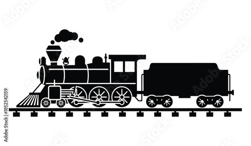 A simplified black and white illustration depicts a classic steam locomotive on railroad tracks presenting a nostalgic vintage aesthetic high quality