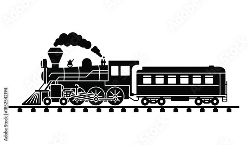 A simple black and white illustration depicts a classic steam locomotive with a passenger car traveling on railway tracks emitting smoke