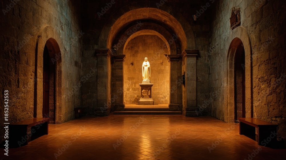 Fototapeta premium Interior view of an old stone church with a statue and arched doorways