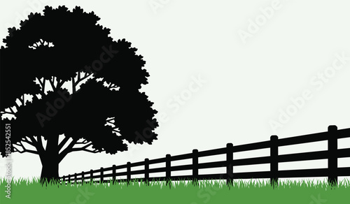 A simple illustration depicts a dark silhouette of a leafy tree beside a wooden fence and green grass high quality professional