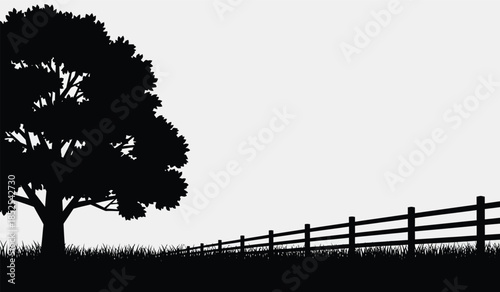 A striking silhouette of a lush tree stands beside a rustic wooden fence in a minimalist landscape high quality professional detailed