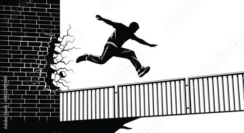 Black and White Monochrome Vector Illustration of a Man Jumping Over a Railing, Breaking Through a Cracked Brick Wall, Freedom, Escape, Overcoming Obstacles, and Challenge Concept