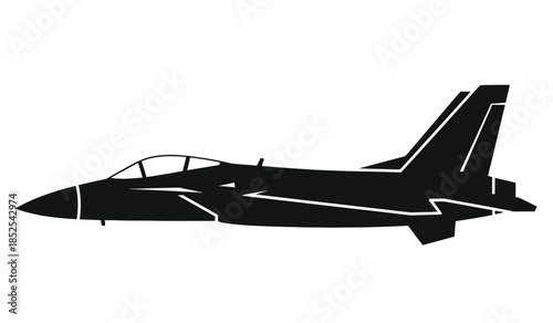 A striking silhouette of a modern fighter jet is presented showcasing its aerodynamic design and powerful form against a plain white background