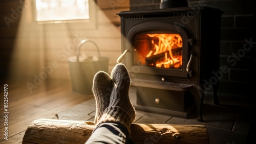 Cozy Winter Evening Relaxing by a Warm Wood Burning Stove.