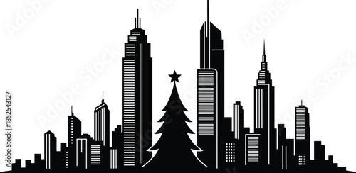 Black and White Monochrome Vector Silhouette Illustration of Modern City Skyline with Skyscrapers and Large Christmas Tree with Star, Urban Holiday Season Greeting Card Design
