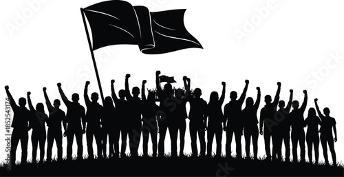Black silhouette crowd raising fists with a large waving flag, isolated vector illustration for protest, revolution, patriotism, political rally, and social justice.