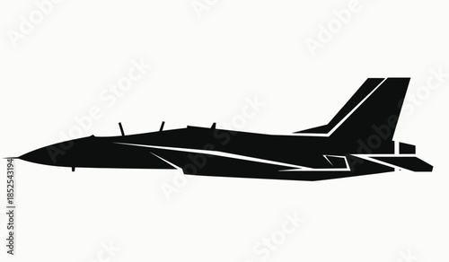 A stark silhouette of a military jet showcasing its aerodynamic design and powerful form against a white backdrop is depicted