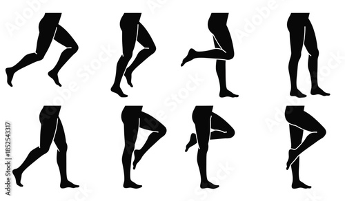 A collection of silhouettes displaying various leg and foot positions illustrating walking running and dynamic movement sequences high quality professional detailed