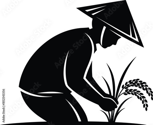 Black Silhouette of Asian Farmer Planting Rice in Field Wearing Conical Hat, Traditional Agriculture Worker Icon Vector Illustration, 