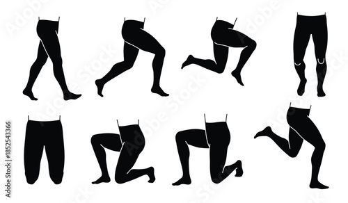A collection of black silhouette images depicting various human leg and lower body positions and poses showcasing dynamic movement high quality