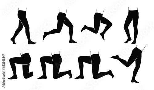 A collection of abstract black silhouettes depicting human legs in various dynamic and contorted poses showcasing movement and form high quality
