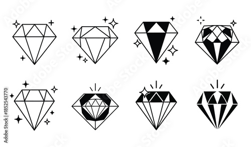 A collection of black and white diamond illustrations with varying facets and sparkle effects presented in a minimalist style high quality