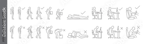 Posture and ergonomics line icon set – editable outline symbols of sitting, standing, lifting, computer, driving and correct alignment