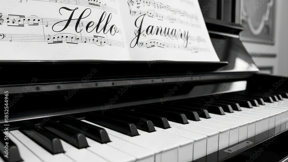 Fototapeta premium Black and White Close-up of a Piano Keyboard with Sheet Music.