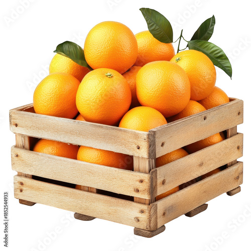 A rustic wooden crate overflowing with vibrant. fresh oranges. their bright color and texture. set against a neutral background. ideal for food-related marketing or culinary themes
