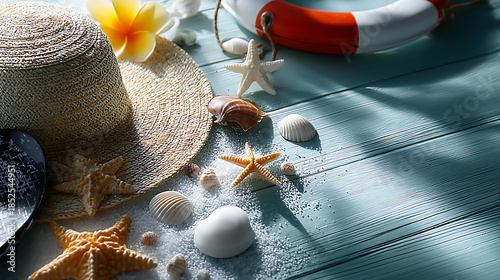 Summer Beach Vacation Scene with Straw Hat, Starfish, Seashells, and Lifebuoy on Blue Wooden Decking - High Angle Shot