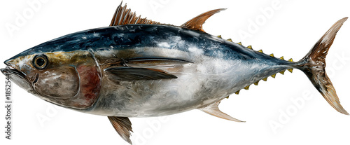Realistic whole tuna fish isolated on white background, side view