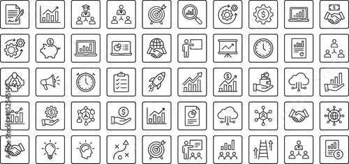 Set of fifty business and finance icons in simple doodle outline style for project management