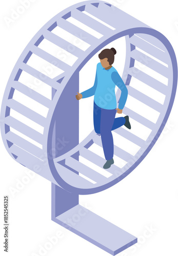 Businesswoman running inside hamster wheel, depicting repetitive and unproductive work, isometric illustration